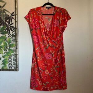 🧡3/15 NWOT Jones New York Orange Floral V-Neck Dress Women's M